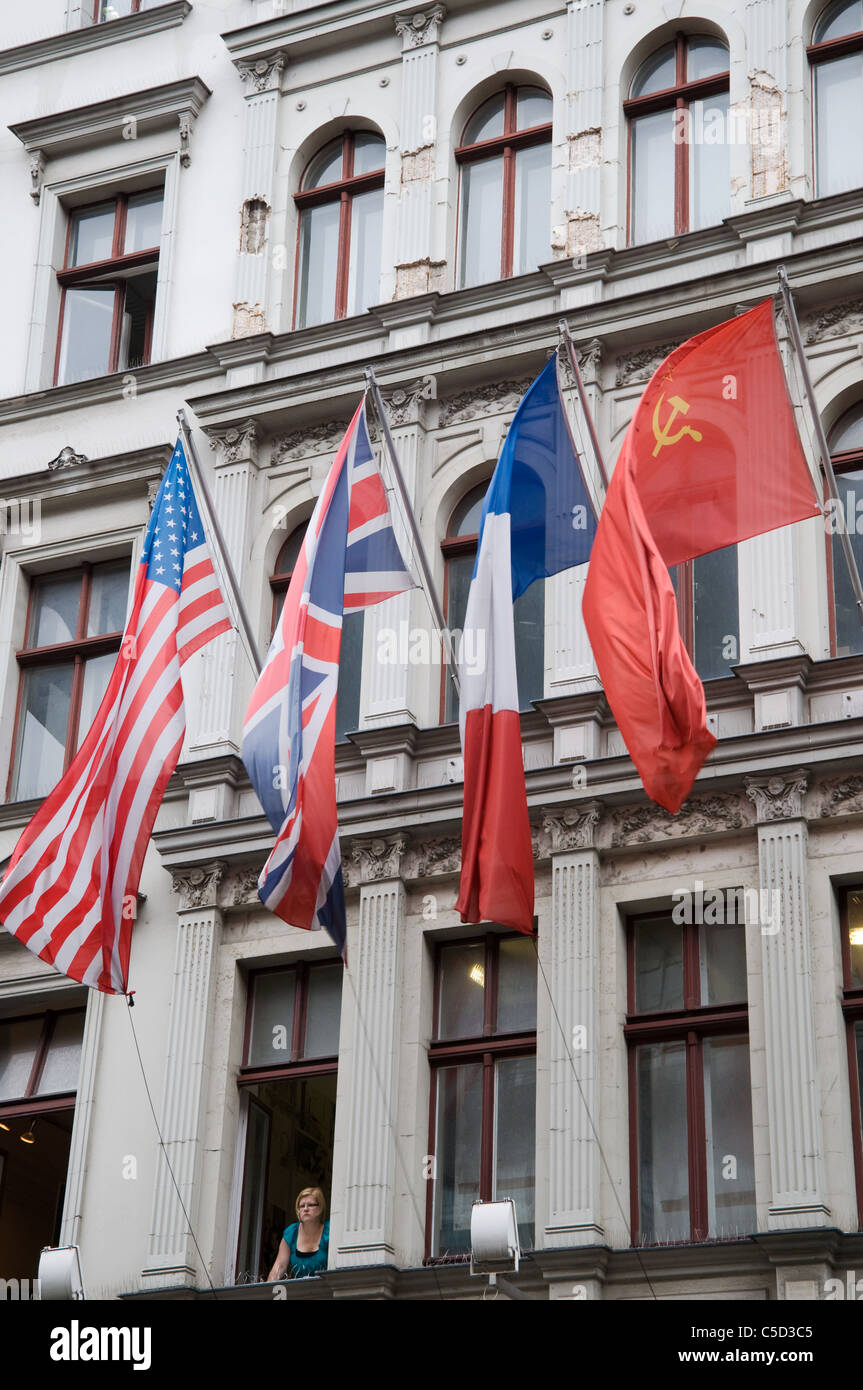 Checkpoint Charlie, american, great britain, france, soviet flag Stock Photo