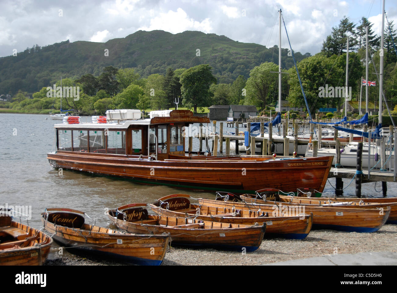 Ferry and rowing boats Ambleside Lake Windermere Stock Photo Alamy