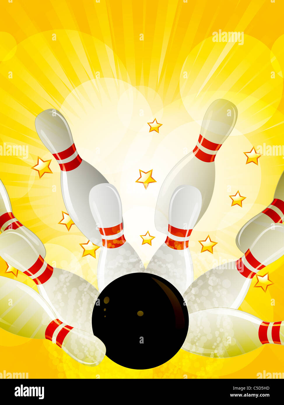 Bowling strike on a yellow star burst background with gold stars Stock