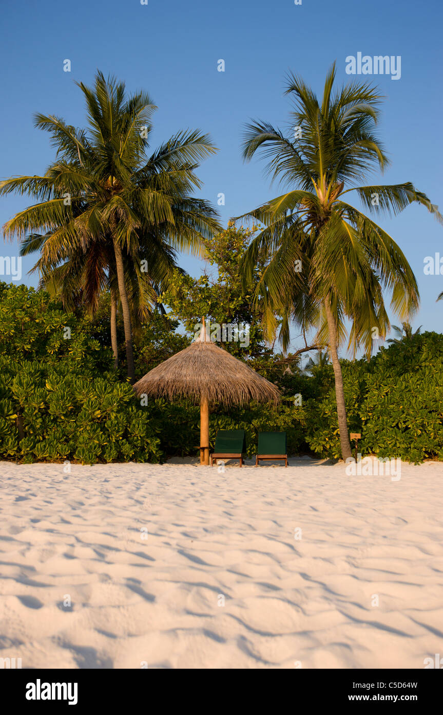 The white sandy beach and tropical interior of Coco Palm Dhuni Kolhu. Baa Atol, Maldives. Stock Photo