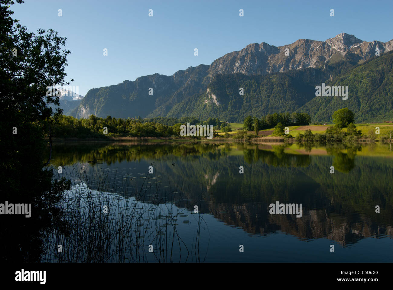 Uebeschi lake with Stockhorn ridge, Berne, Switzerland Stock Photo