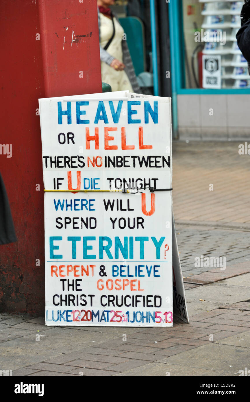 Heaven or hell warning sign set up by religious street preachers in West Bromwich high street Stock Photo