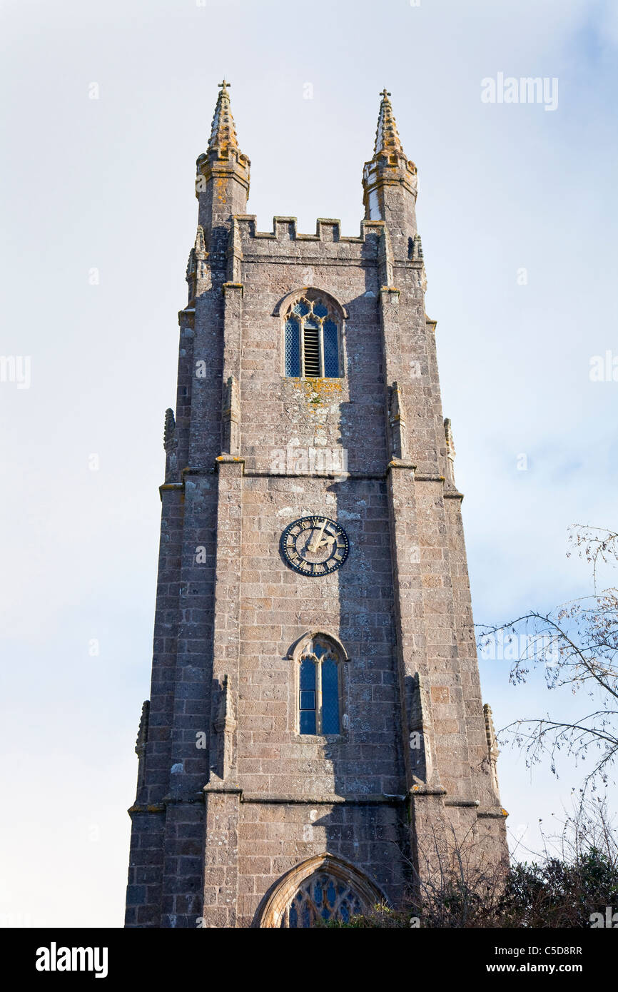 St. Pancras' Parish Church in snow (Clock tower detail), Widecombe in the Moor, Dartmoor, Devon, England, Great Britain Stock Photo