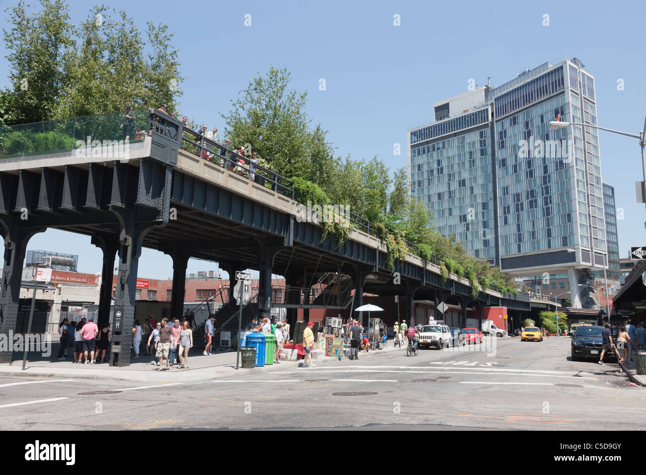 The southern terminus of the High Line at Gansevoort Street in the Meatpacking District of New York City. Stock Photo