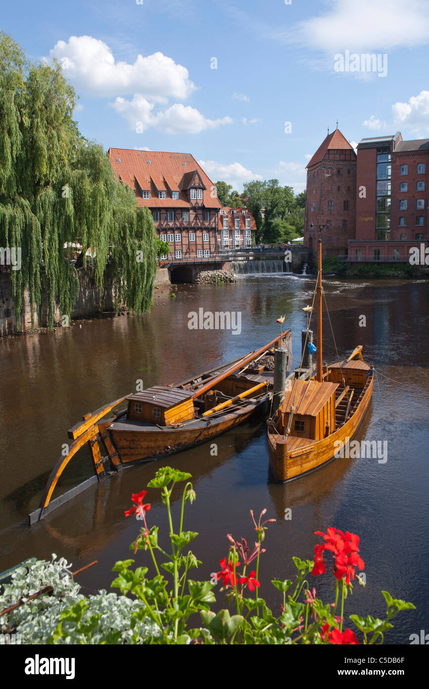 old harbour with historic boats, Lueneburg, Lower Saxony, Germany Stock Photo