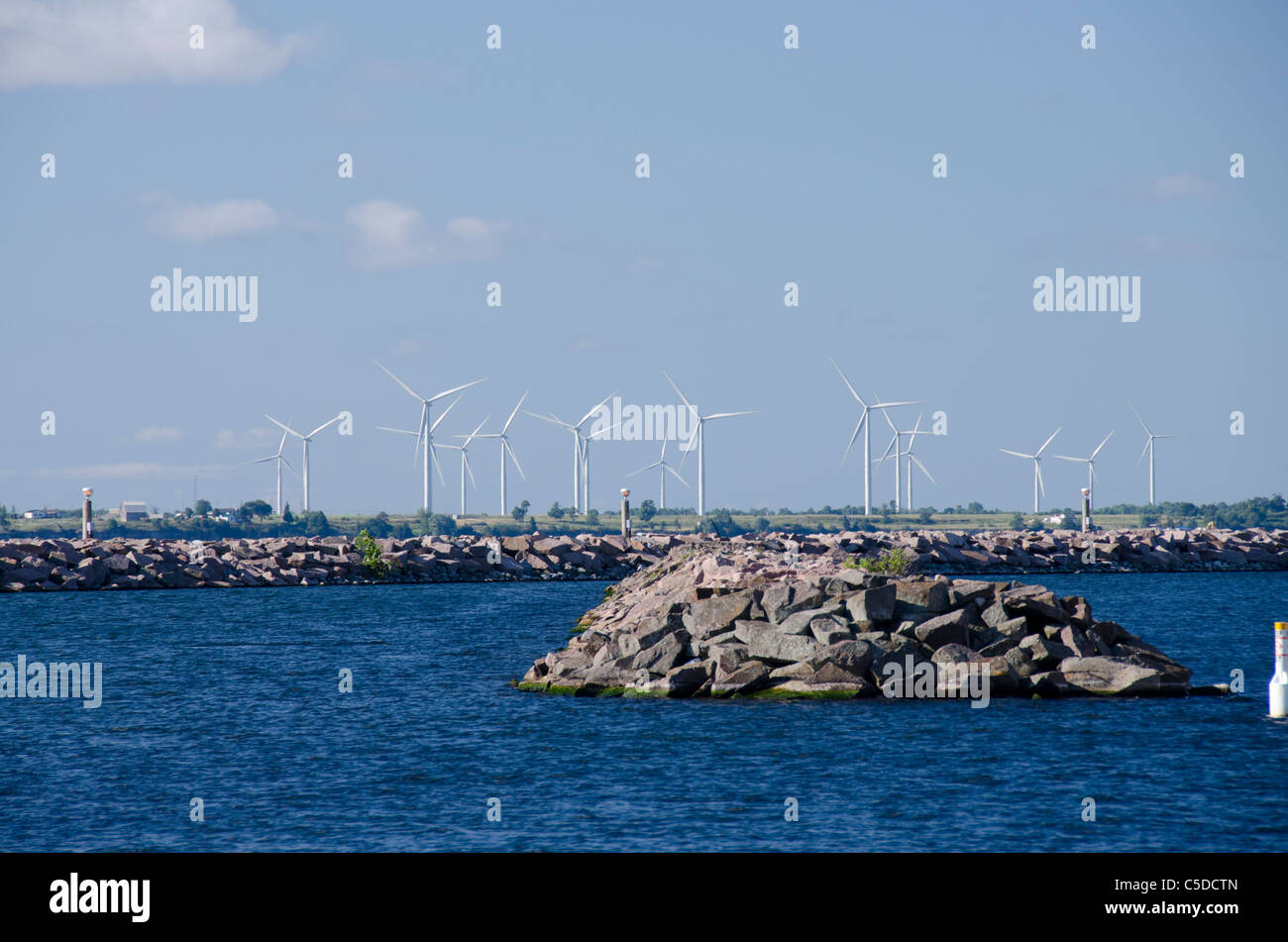 Canada, Ontario, Kingston. Wind turbines on Wolf Island located on Lake
