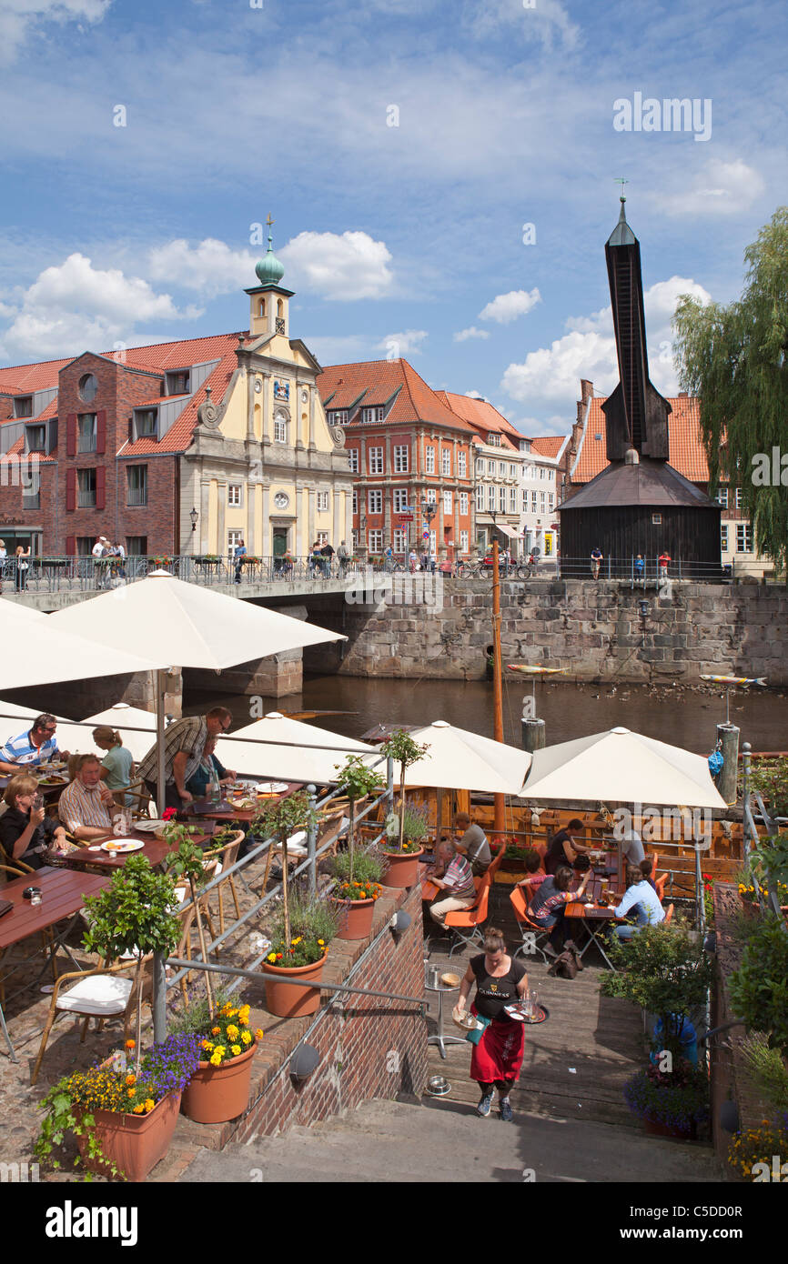 the old harbour with Hotel Altes Kaufhaus and Alter Kran, Lueneburg, Lower Saxony, Germany Stock Photo
