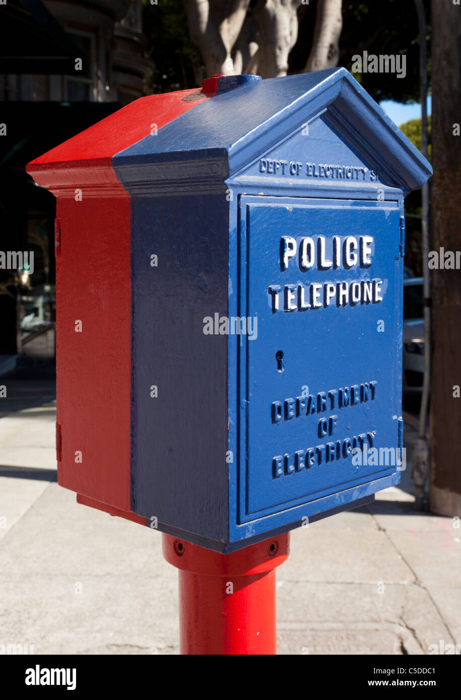 Blue and red old fashioned Police telephone boxes city of San Francisco California United States of America USA Stock Photo