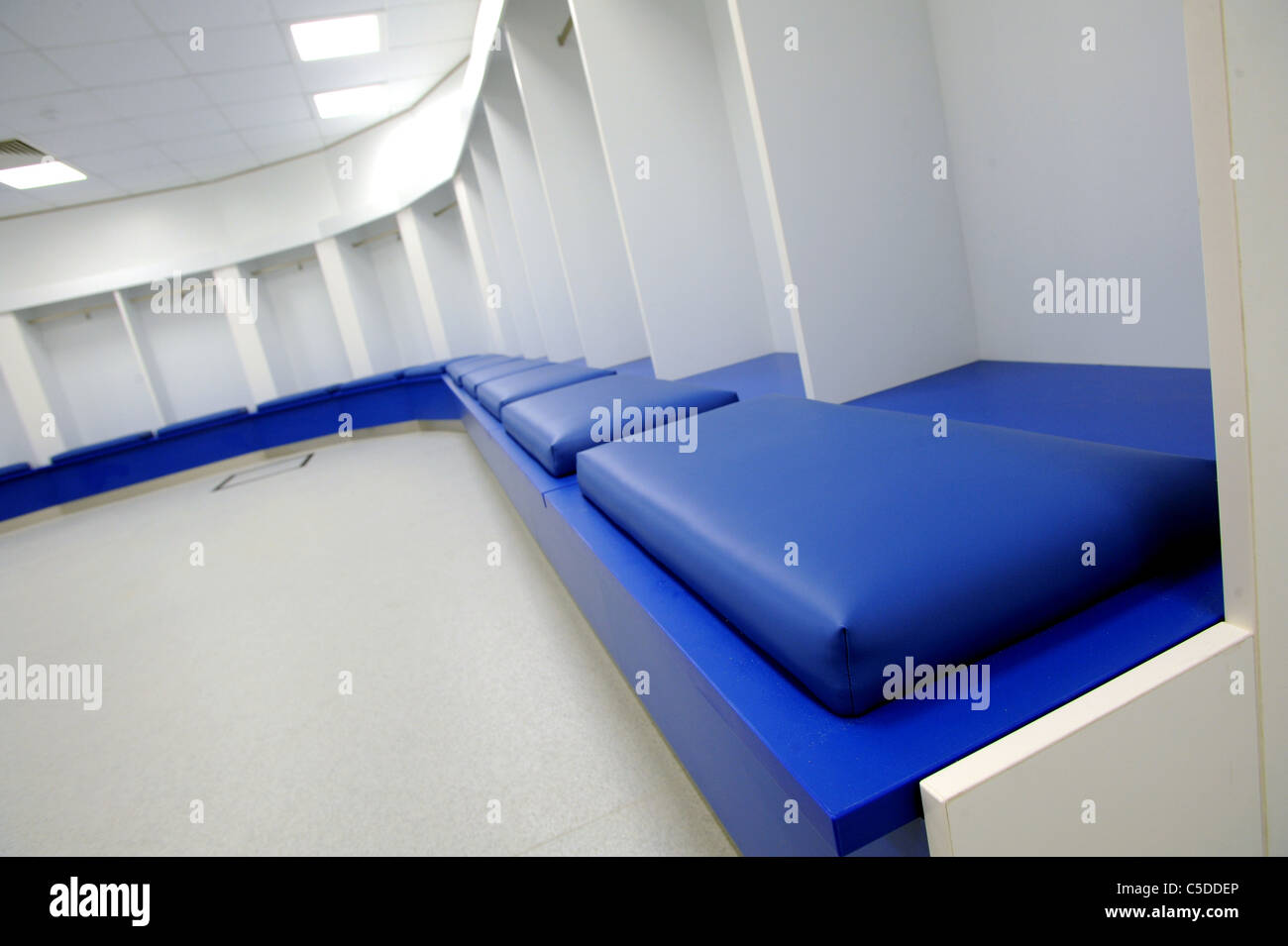 Blue and white the colours inside the Brighton and Hove Albion home dressing room at the Amex Stadium Stock Photo