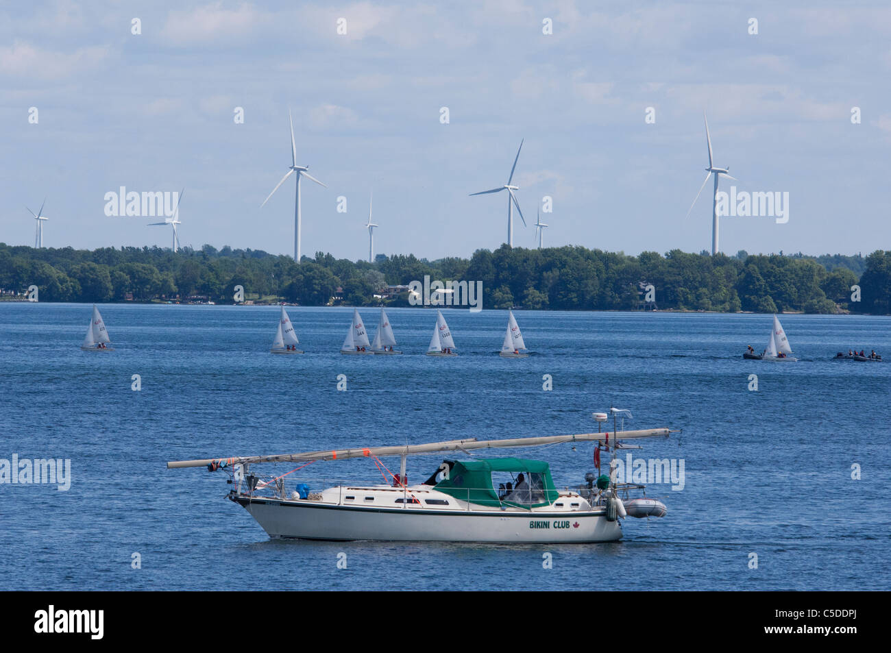 Canada, Ontario, Kingston. Wind turbines on Wolf Island located on Lake