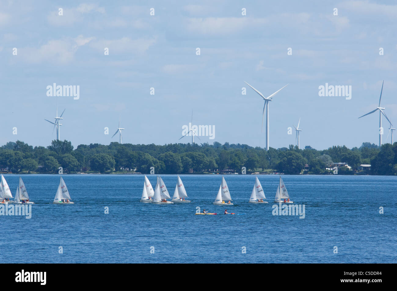 Canada, Ontario, Kingston. Wind turbines on Wolf Island located on Lake