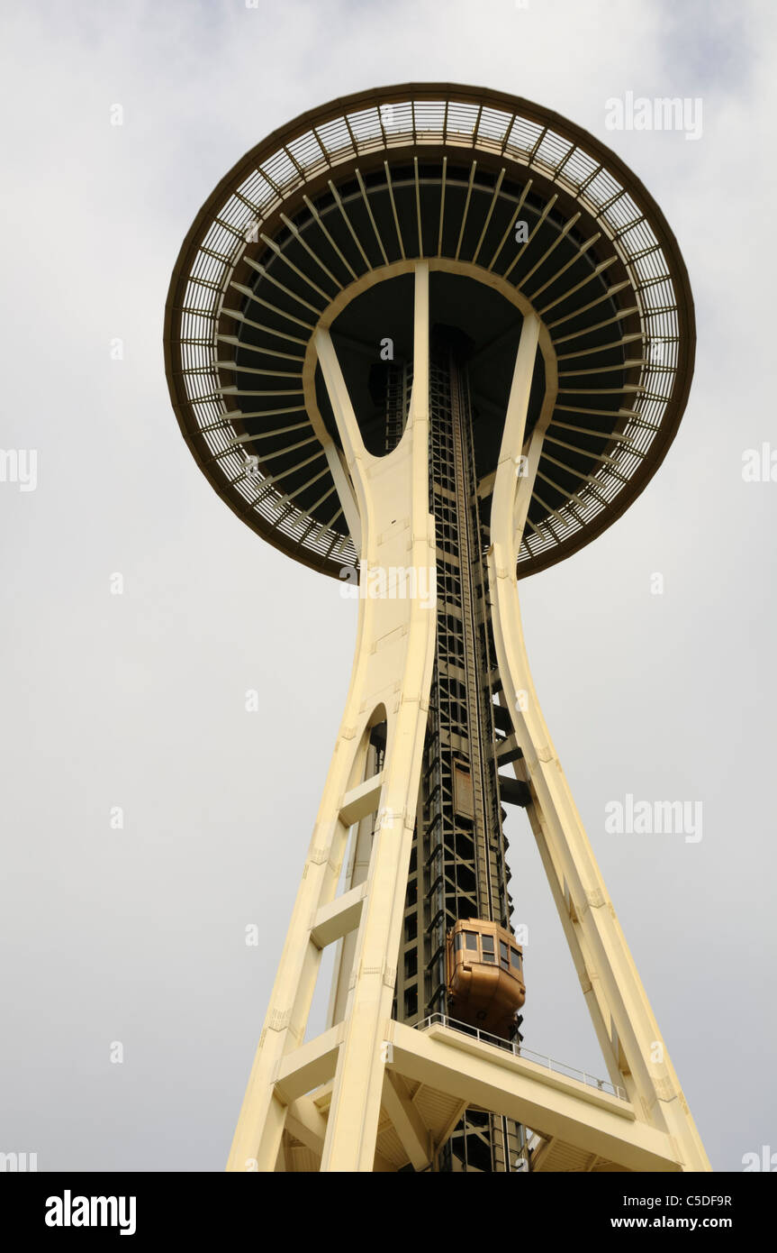 Seattle Space Needle Seattles Tower Lift Look out Restaurant from Below US USA America American Landmark Land Mark Lift Stock Photo