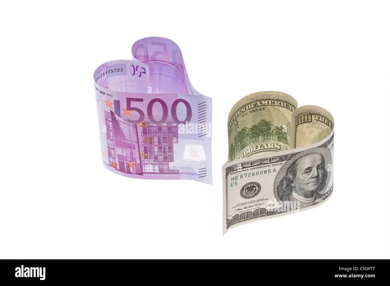 Euro banknotes and U.S. dollars. Stock Photo