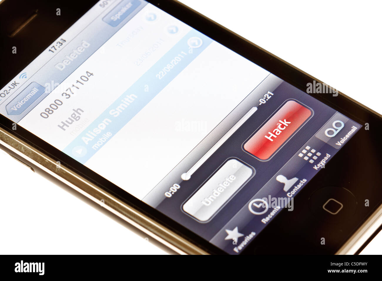 Mobile phone accessing voicemail with a button marked 'Hack' Stock Photo