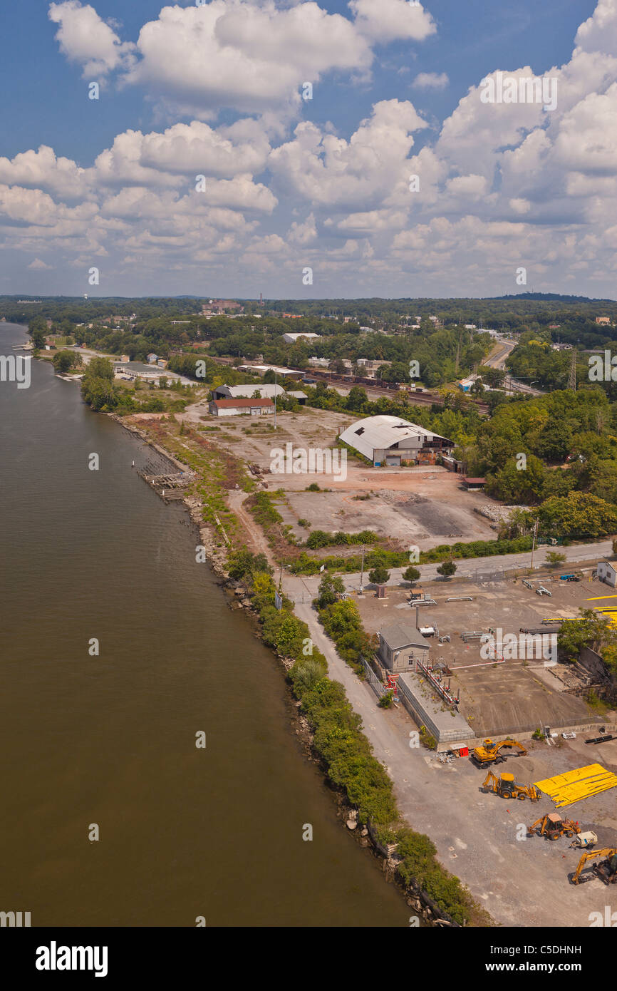 POUGHKEEPSIE, NEW YORK, USA - Aerial view of brownfield, abandoned industrial land next to Hudson River. Stock Photo