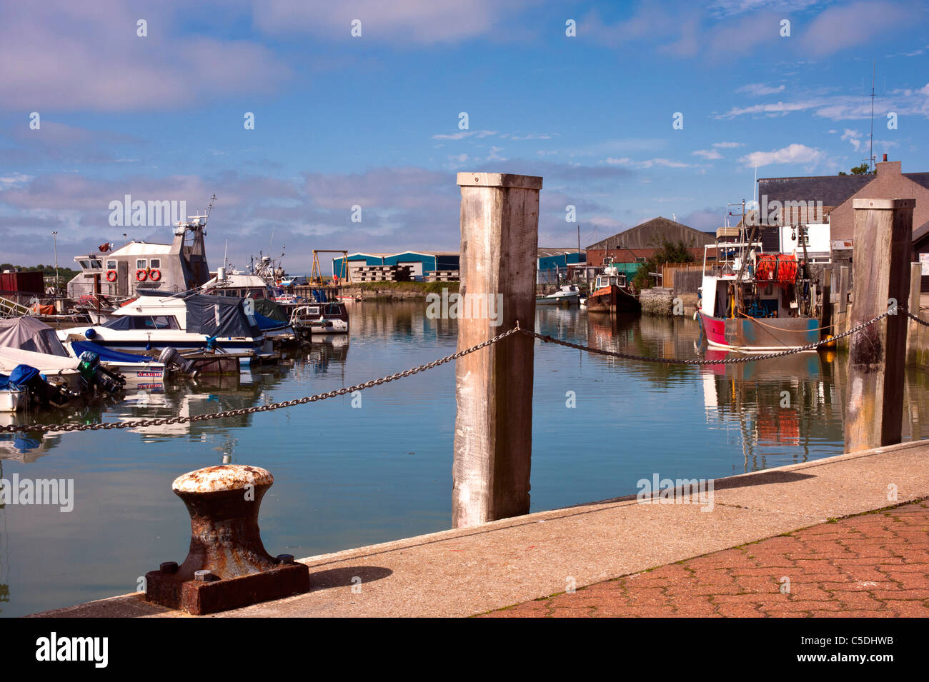 Boats moored on the Quay at Queenborough on the Isle of Sheppey, Kent ...