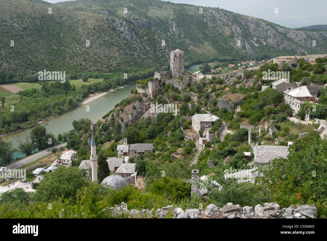 Neretva river and town Pcitelji, Bosnia and Herzegovina Stock Photo