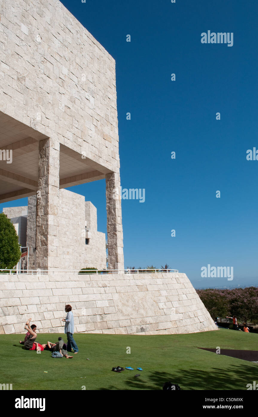 Family on lawn in Getty Center Garden Stock Photo