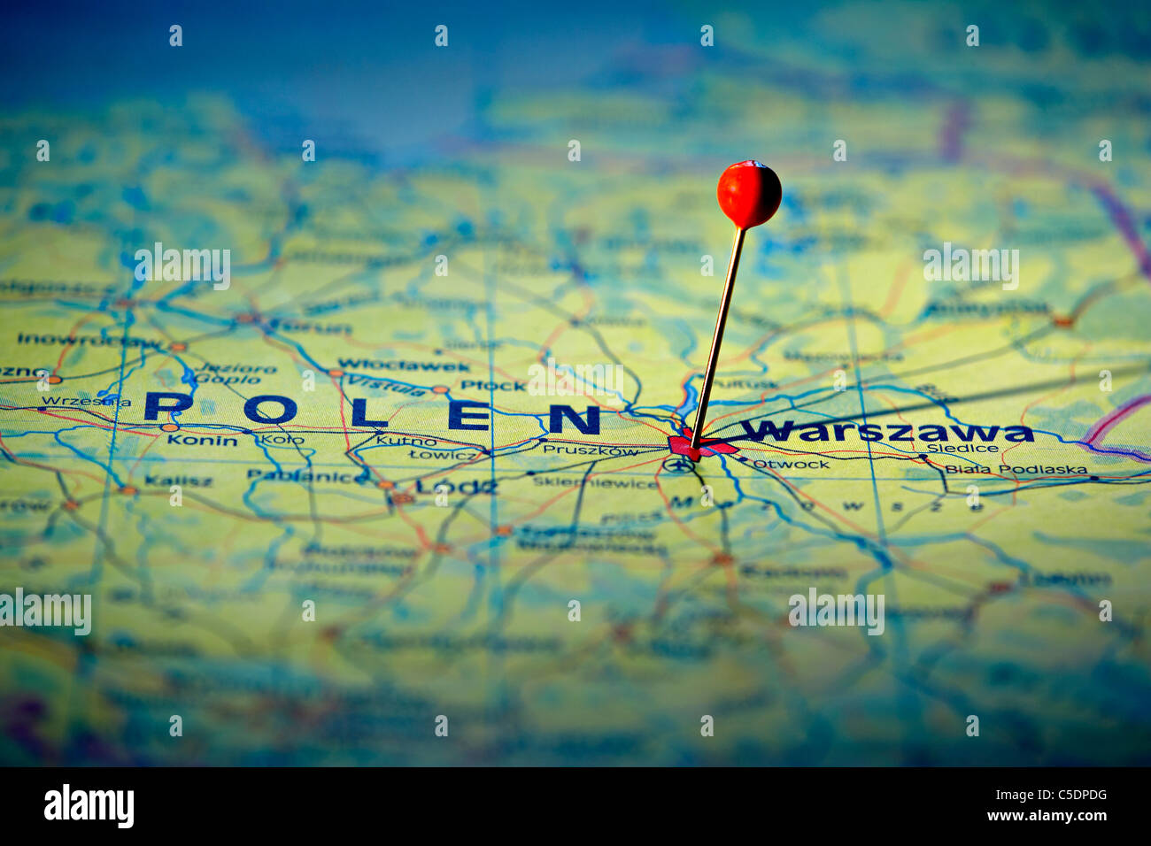 Close-up of a red map pin on Warszawa at a map Stock Photo