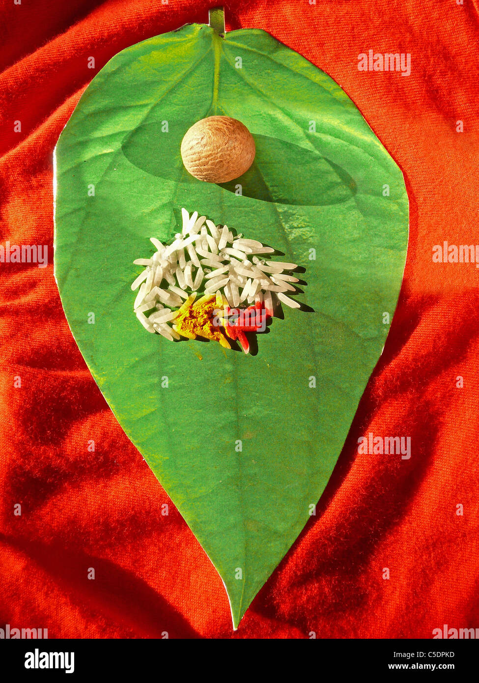 Matrimony card in shape of Betel Leaf, Piper betle with Areca nut, Rice, Kumkum & Turmeric Stock Photo