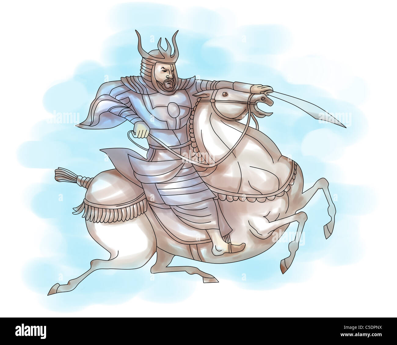 illustration of a Samurai warrior with sword riding a horse viewed from ...