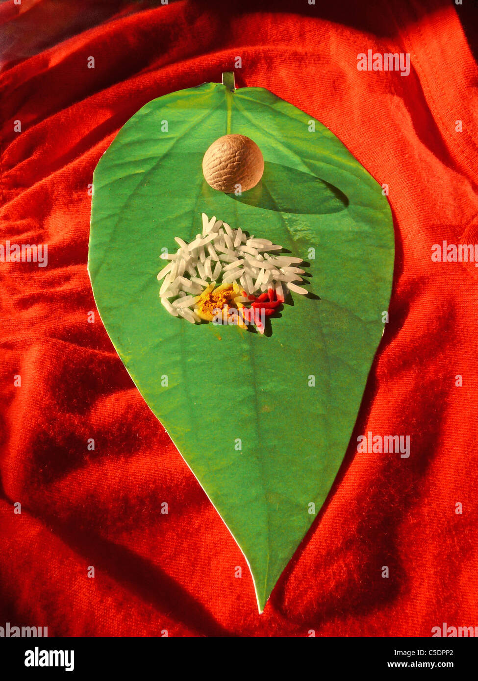 Matrimony card in shape of Betel Leaf, Piper betle with Areca nut, Rice, Kumkum & Turmeric Stock Photo