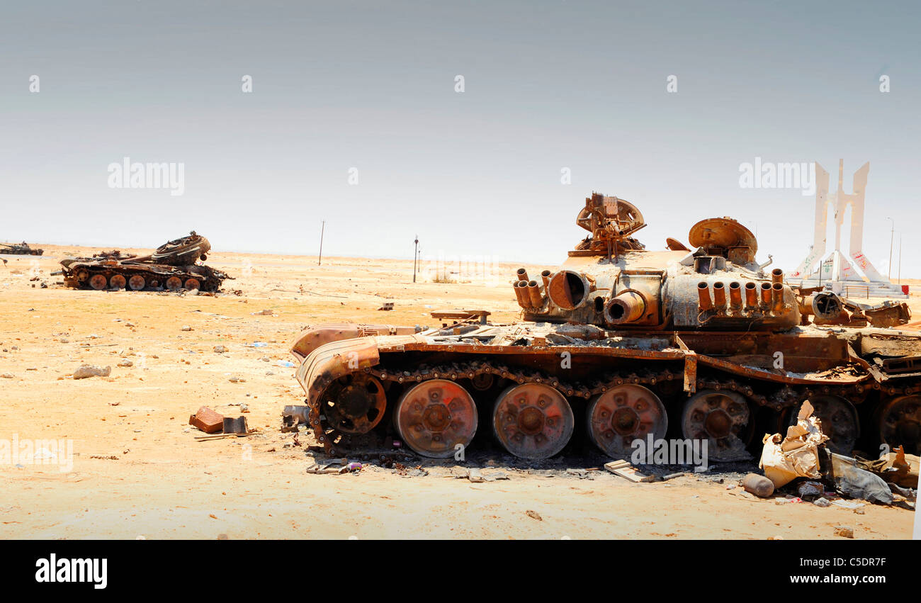 a blow up, destroyed T80 tank in the Libya desert Stock Photo