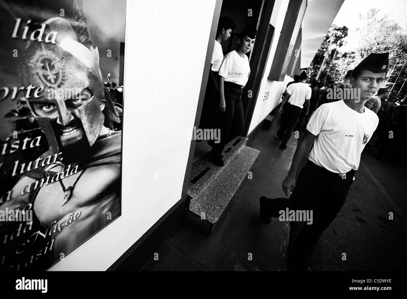 cadets in front of movie poster of '300' at air force school in guaratingueta, brazil Stock Photo