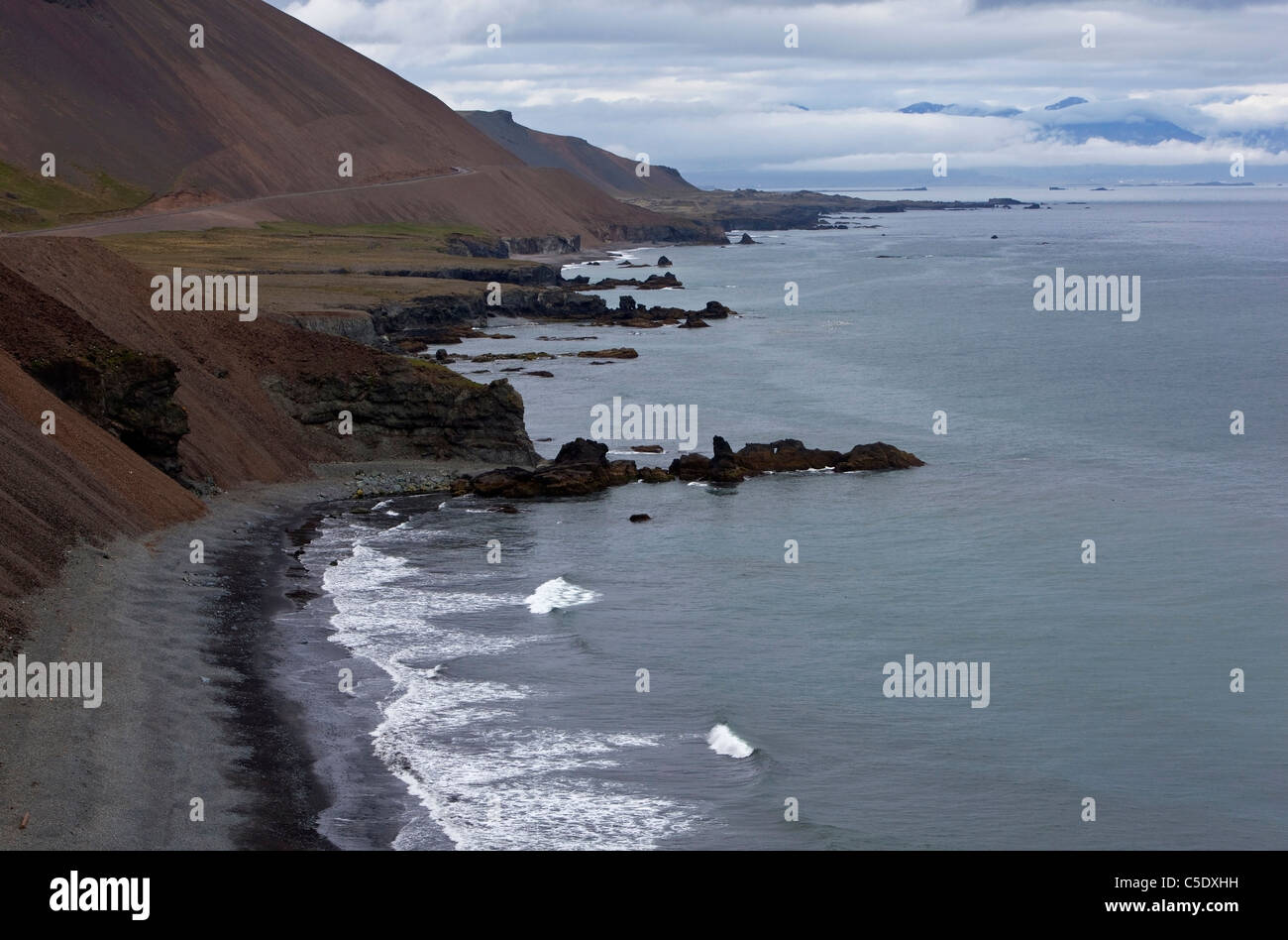 High angle view of the coast of southeastern Iceland against clouds Stock Photo