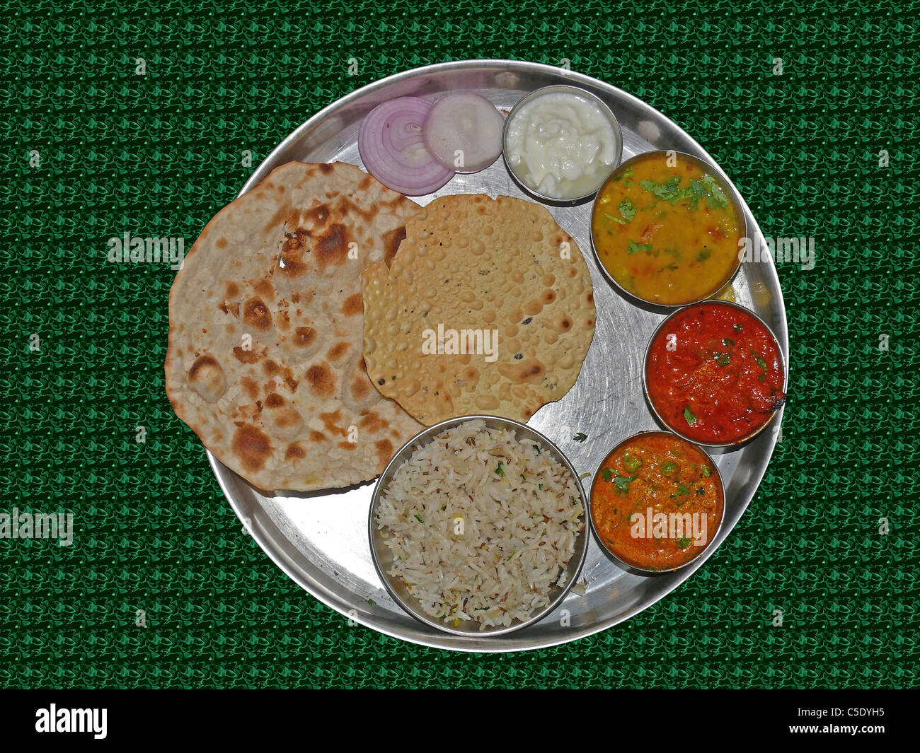 Veg Curries with Rice, roti, Indian Veg Thali Stock Photo