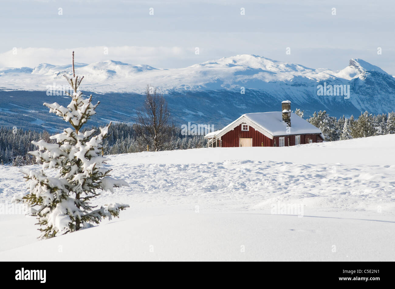 Cabin against mountain range with snowed tree on landscape in foreground Stock Photo
