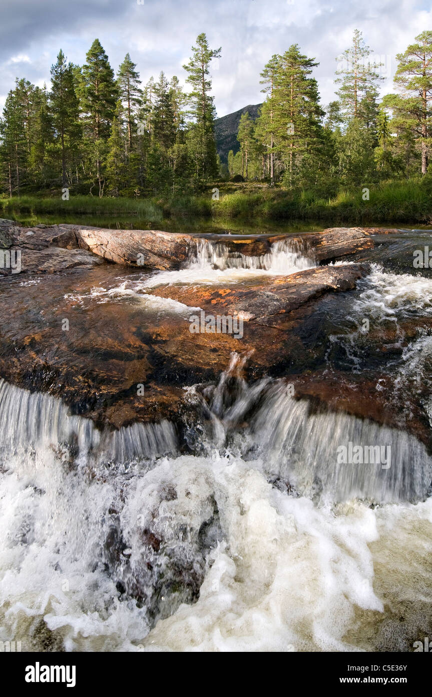 Rushing water pitch with trees against clouds in the background Stock Photo