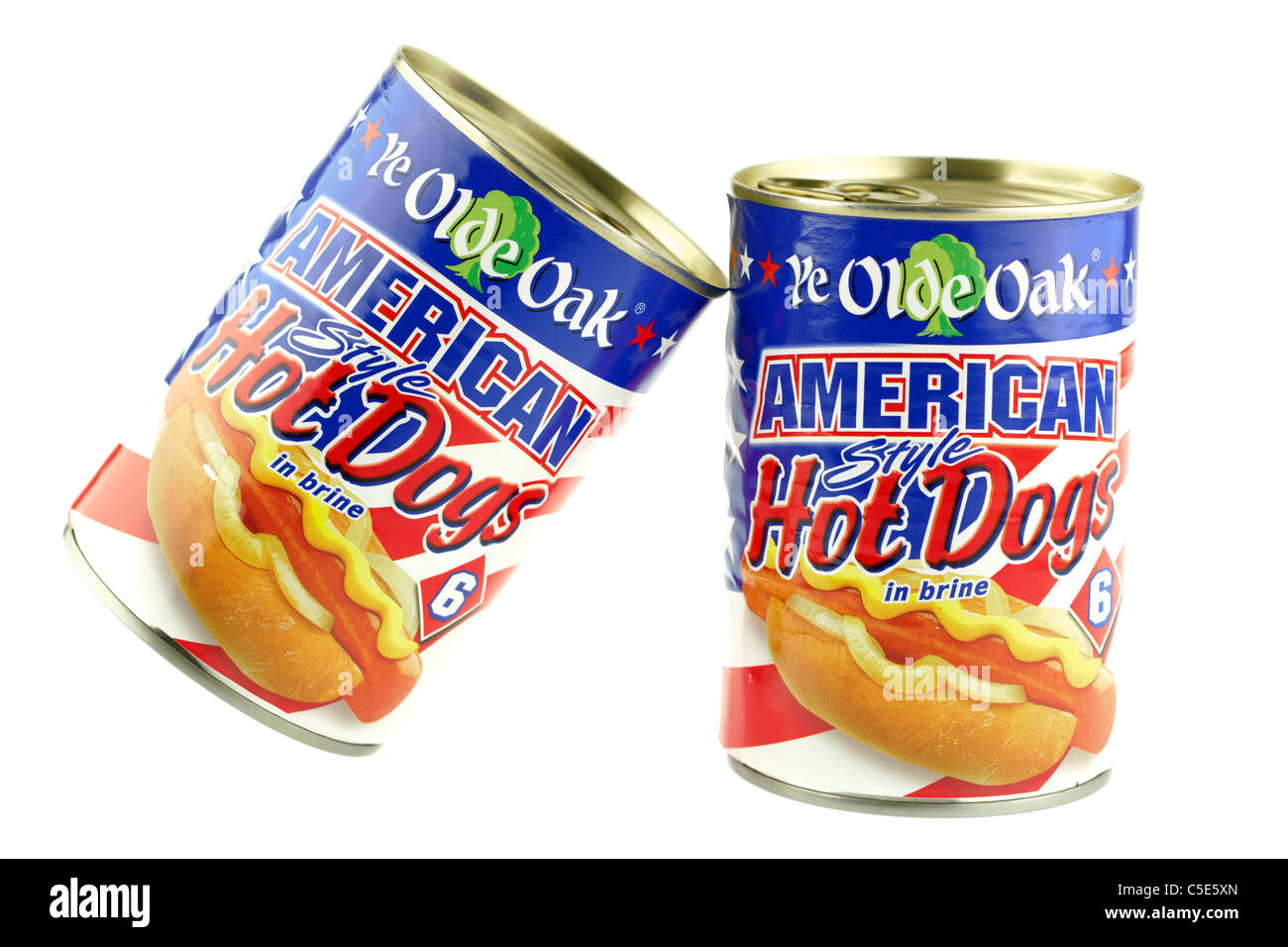 Two tins of Ye Olde Oak American style Hot dogs sausages in brine. Stock Photo