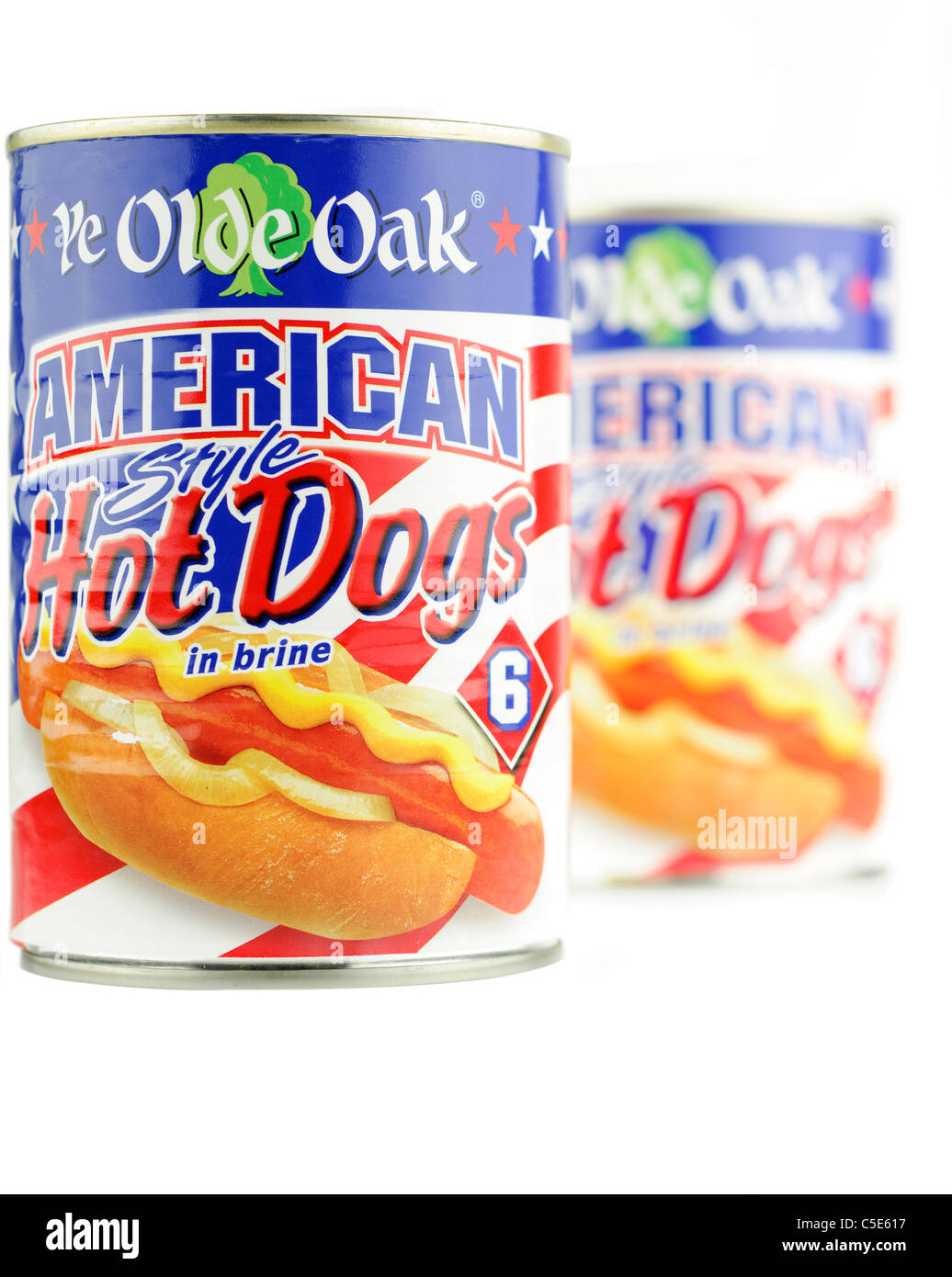 Two tins of Ye Olde Oak American style Hot dogs sausages in brine Stock