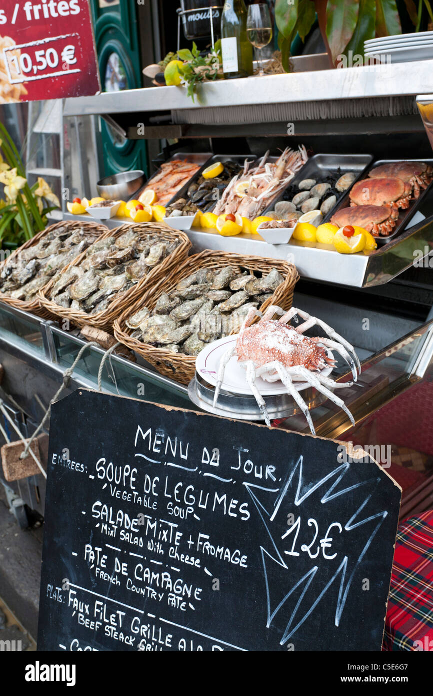 Menu du Jour outside seafood shop in Paris, France. Stock Photo