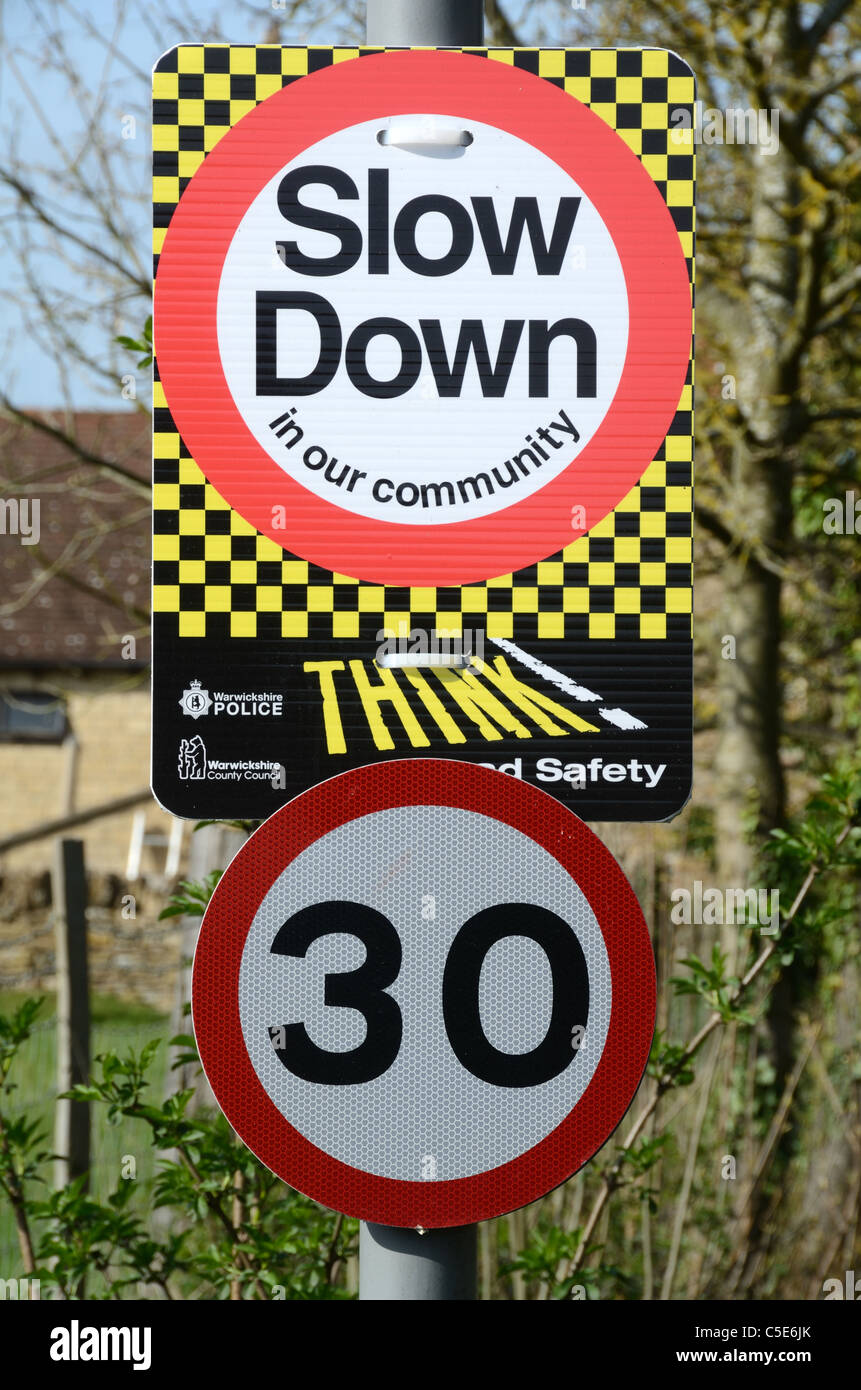 Speed Limit Sign, 30 Thirty Speed Limit, Slow Down in Our Community, Road Safety Signs Stock Photo