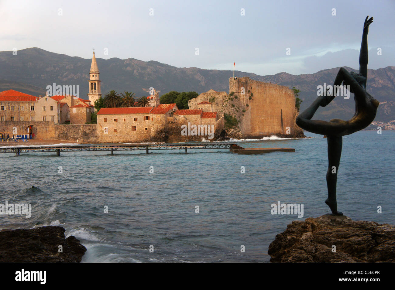 Old town Budva and Danzing Girl statue, Montenegro, Crna Gora Stock Photo