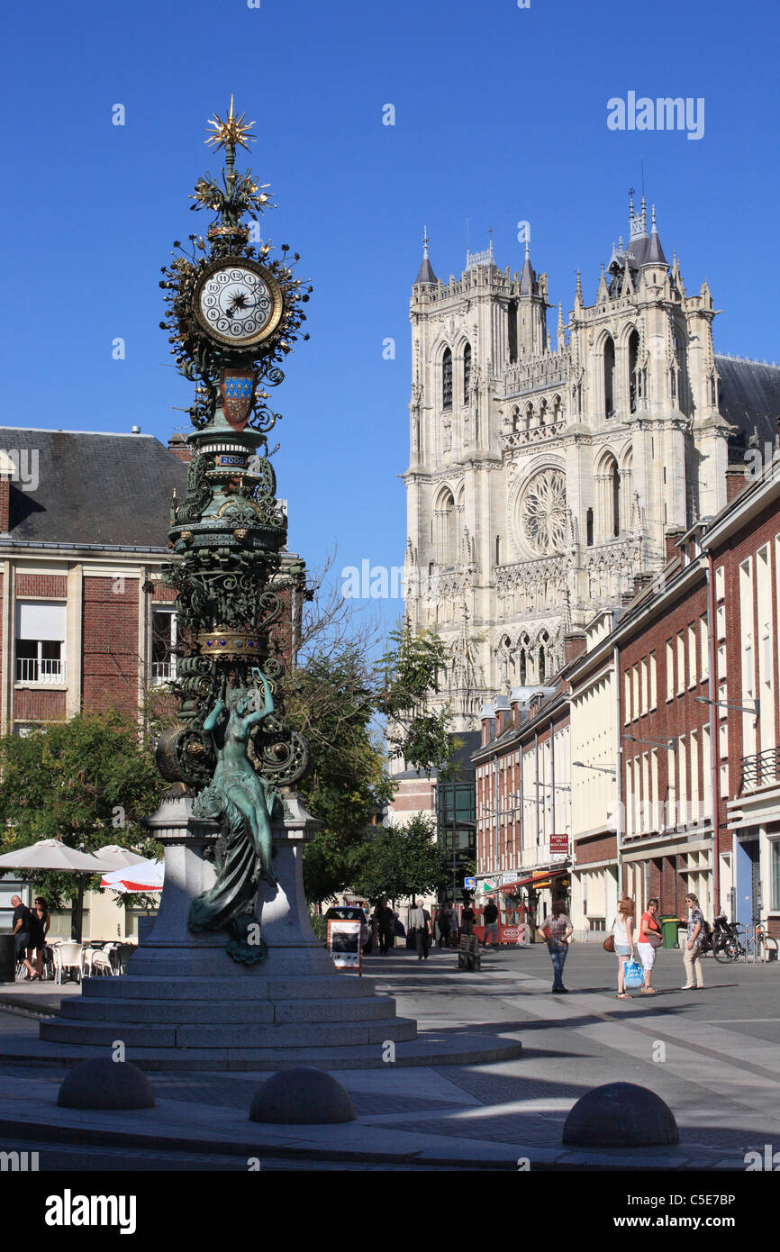 Amiens Dewailly Clock and gothic Notre-Dame cathedral, Picardy, France Stock Photo