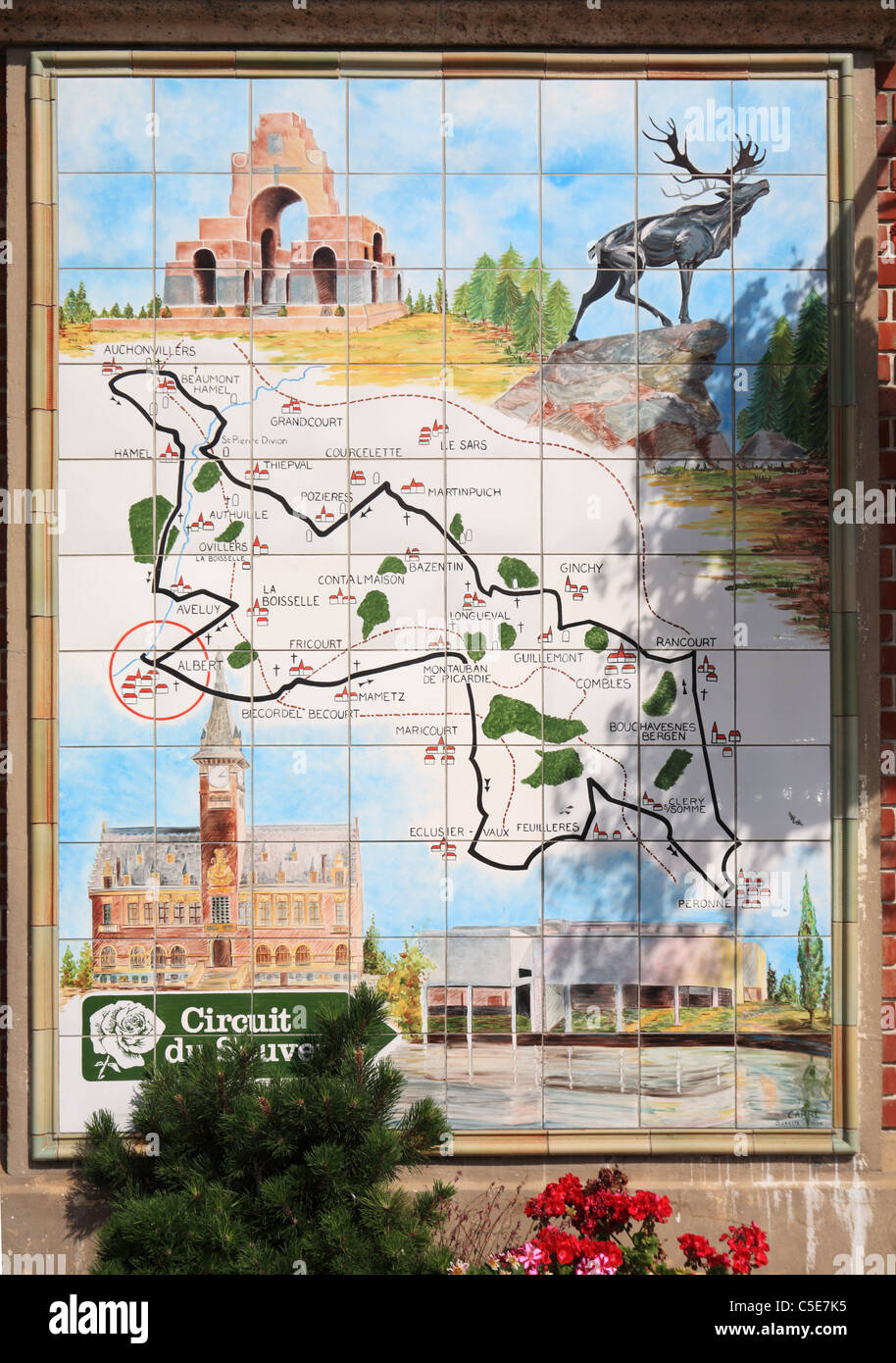 A tiled plaque or panel, the Circuit du Souvenir, on the railway station of the Somme Picardy town of Albert, France Stock Photo