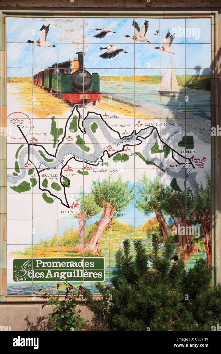 A tiled plaque or panel, the Promenades des Anguilleres, on the railway station of the Somme Picardy town of Albert, France Stock Photo