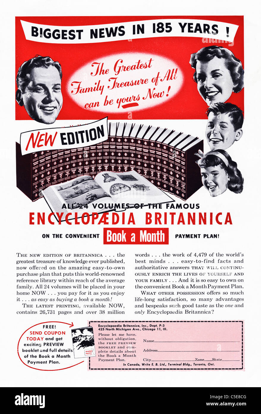 Original 1950s advert in 50s American magazine advertising ENCYCLOPAEDIA BRITANNICA Stock Photo
