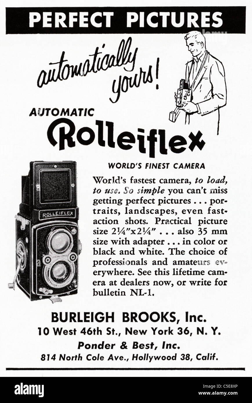 Original 1950s advert in American magazine advertising ROLLEIFLEX medium format film cameras Stock Photo