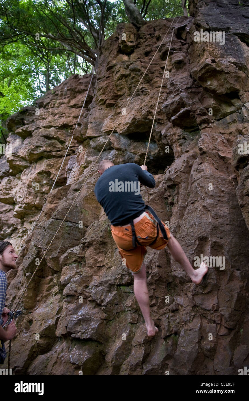 Rock climbing with ropes at Symonds Yat in the Wye Valley, Forest of