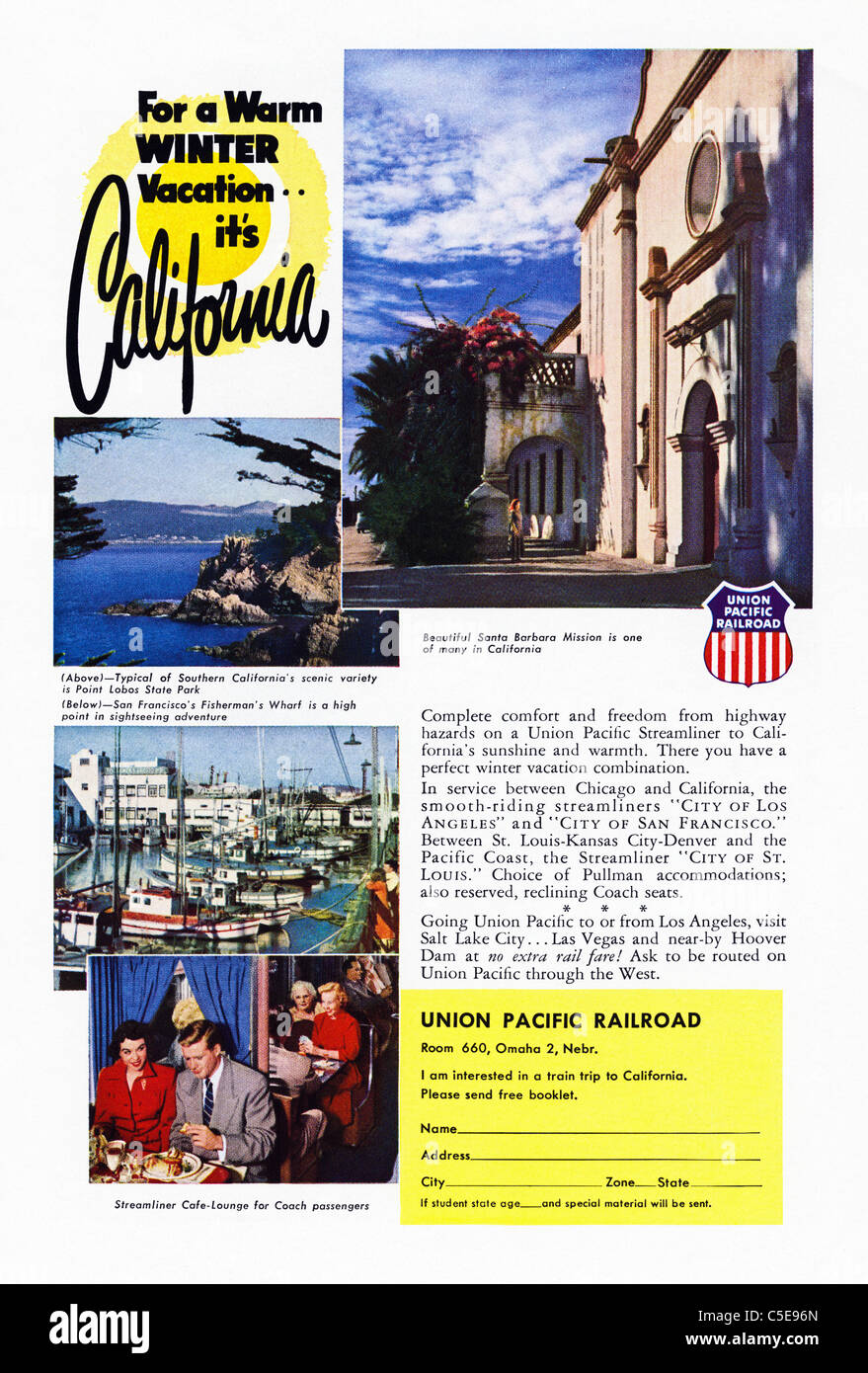 Original 1950s advert in American magazine advertising tourism in CALIFORNIA by UNION PACIFIC RAILROAD Stock Photo