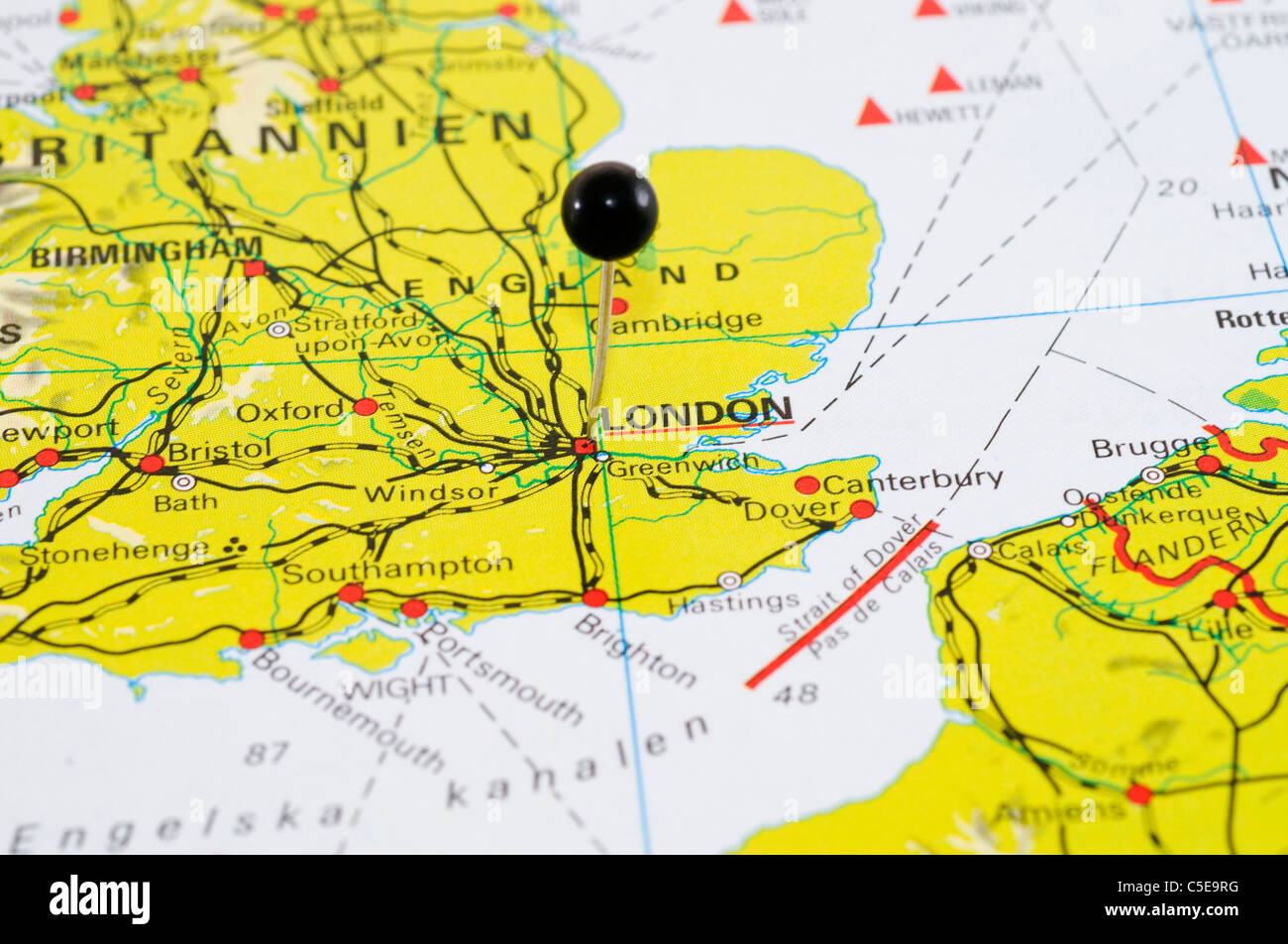 Close-up of a black map pin on London at a map Stock Photo