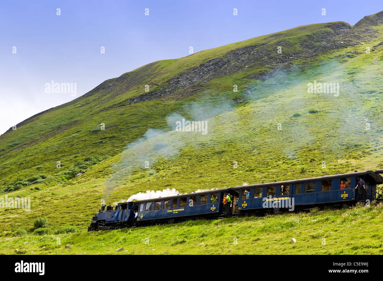 Furka Bergstrecke Steam Cogwheel Railway Gletsch, Valais, Switzerland Stock Photo