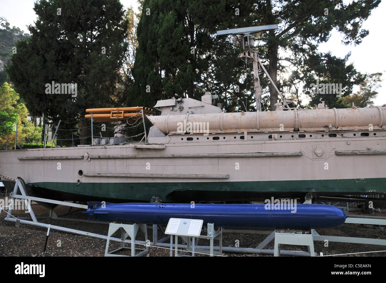 Israel, Haifa, The Clandestine Immigration and Navy Museum. Torpedo boat Stock Photo