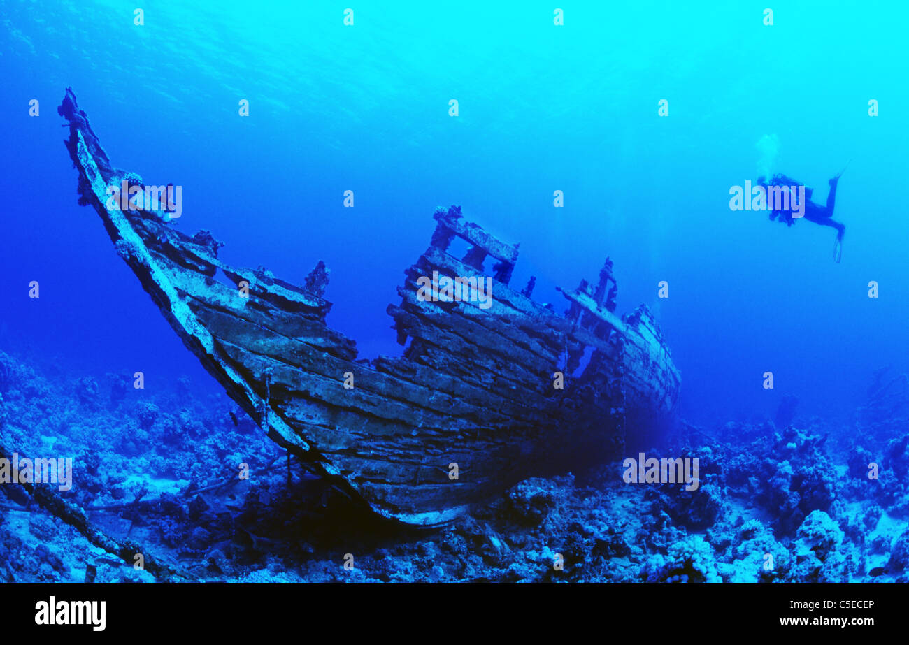 Sunken diving live aboard  boat ' Heaven One' Underwater between diving site, Abu Dabbab 1 and 2. Egyptian Red Sea. Stock Photo