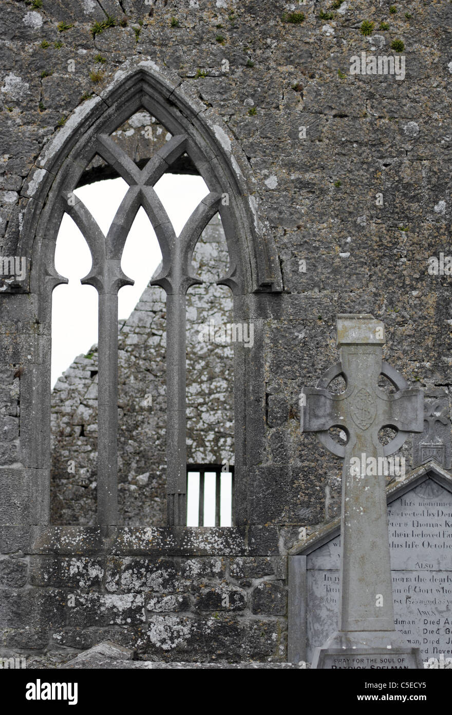 Gothic window, Kilmacduagh Monastery, County Galway, Ireland Stock Photo