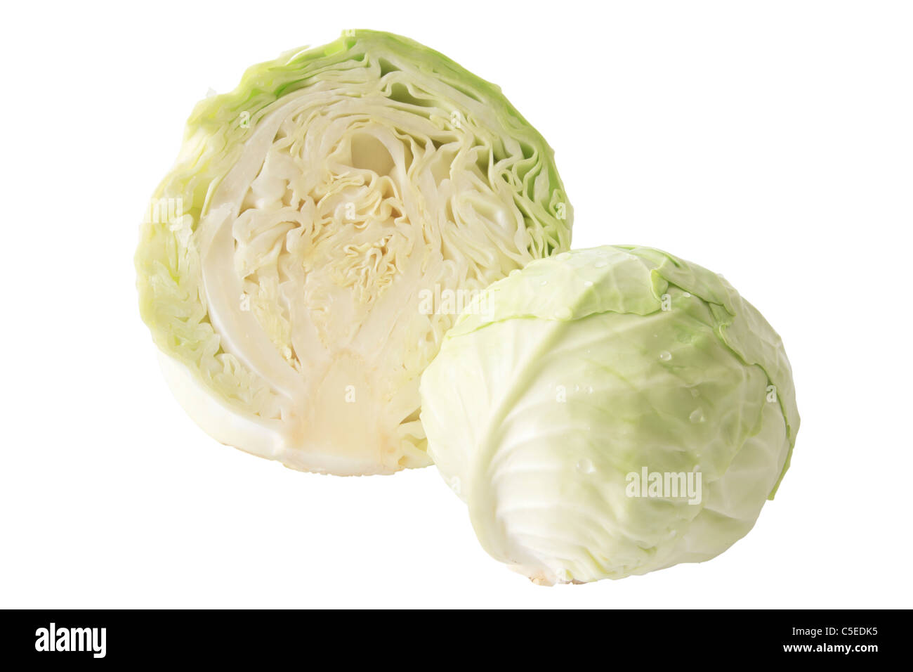 fresh green cabbage fruit with cut isolated on white background Stock Photo